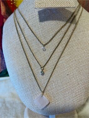 🌈 3/$10 Layered Pink Rose Quartz, Crystal & Silver-Tone Pendant Necklace